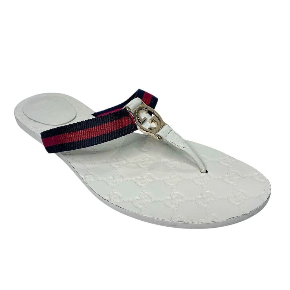 Gucci GG Web Stripe Thong Sandals EU 41 US 11 White Flip Flop Slide Flat Heel